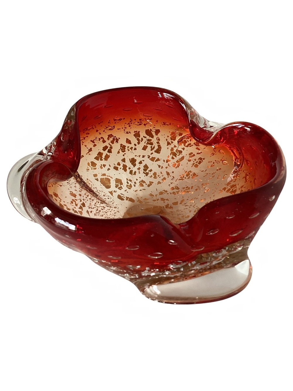 Murano Venetian Art Glass Bowl Vintage Hand Blown Red And Gold Leaf Italy MCM